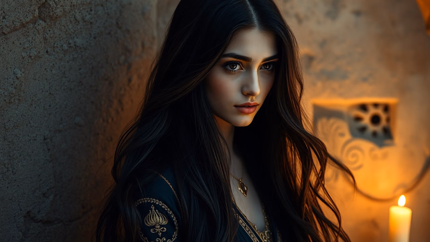 A beautiful Persian woman with cascade of long, flowing black hair like a dark silk chain, captured against a moonlight-drenched limestone wall, soft focus.