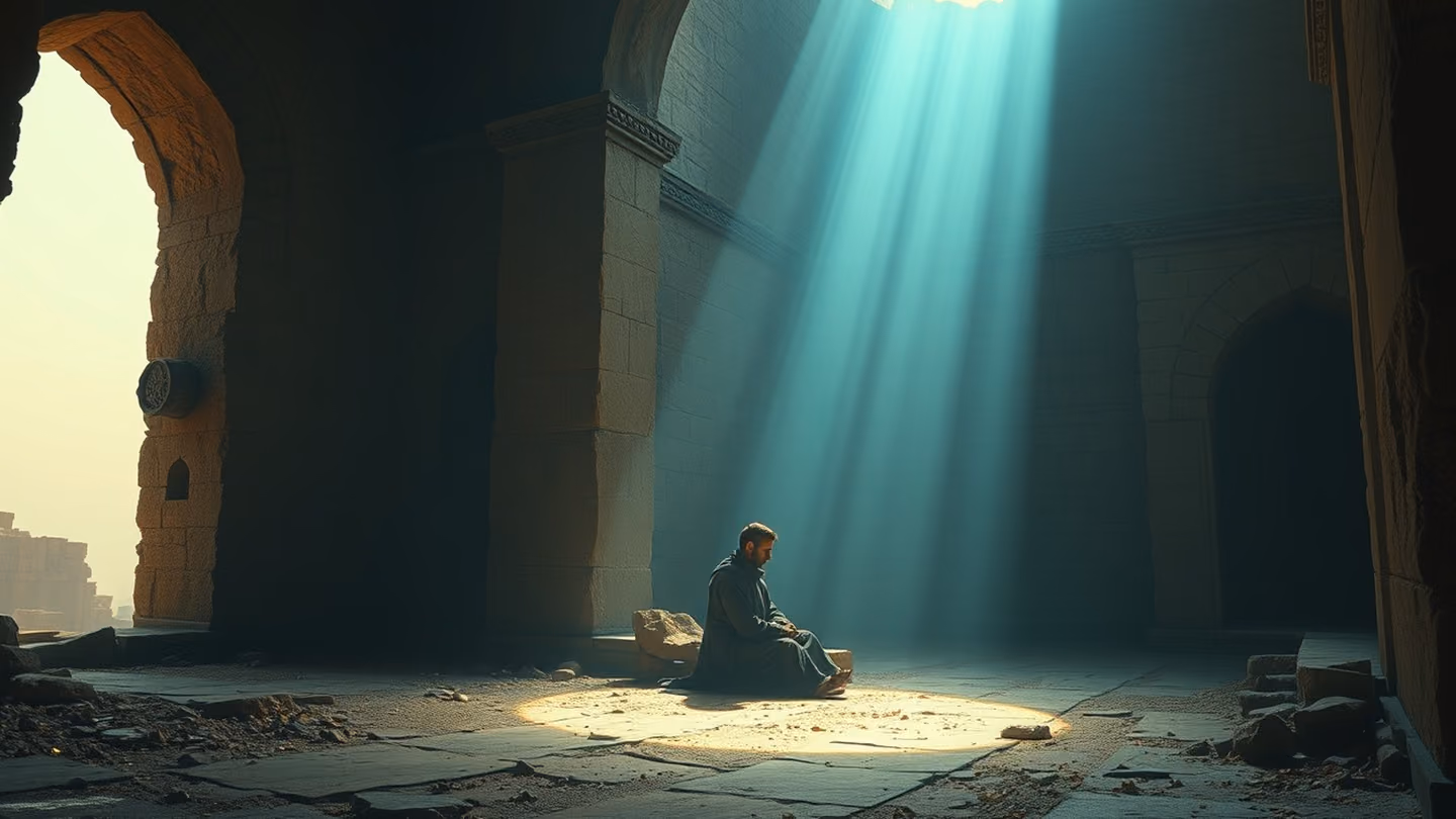A single figure sitting in a desolate, crumbling stone ruin, illuminated by a single shaft of celestial blue light, melancholy atmosphere.