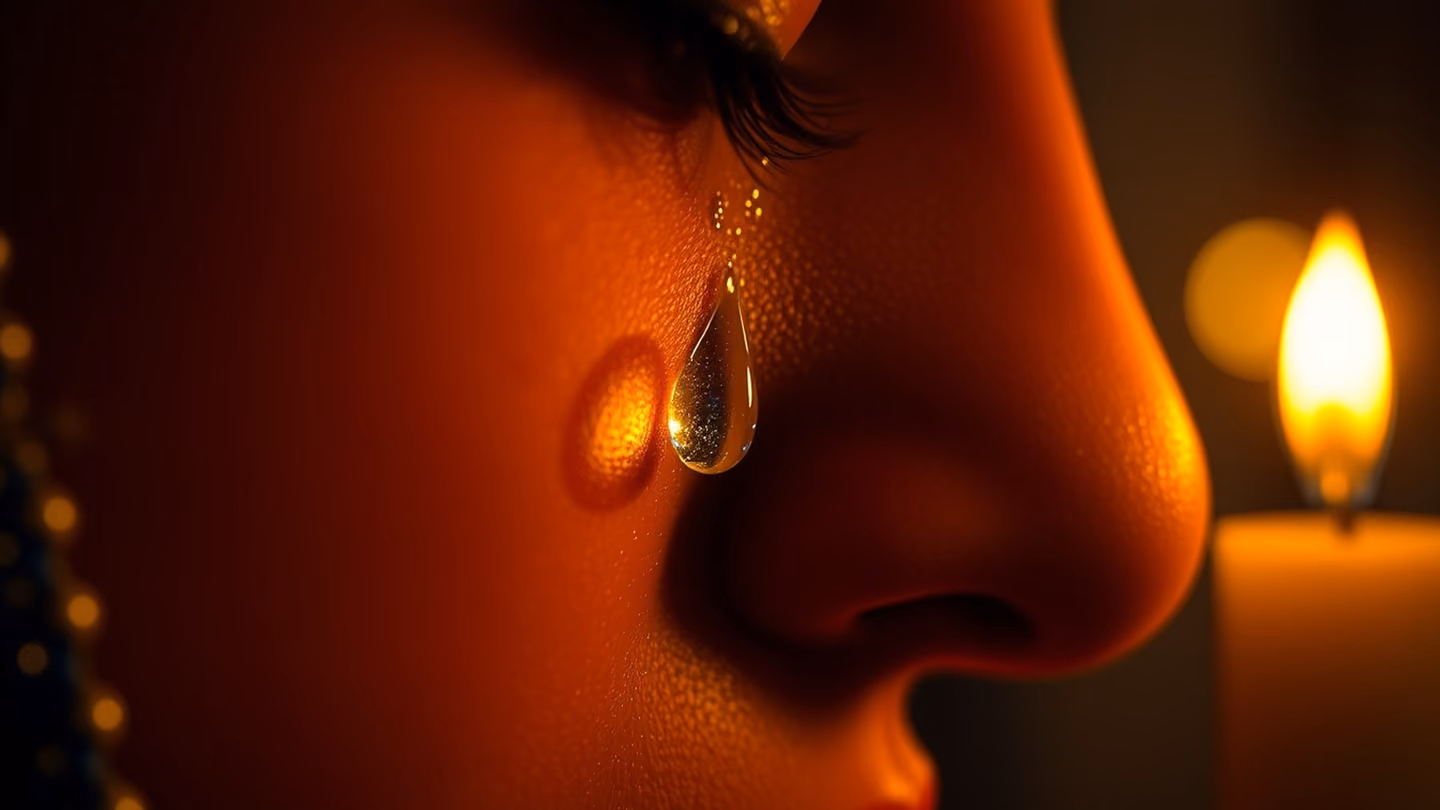A close-up of a teardrop rolling down a cheek, catching the candlelight like a sparkling gemstone, hyper-detailed skin texture.