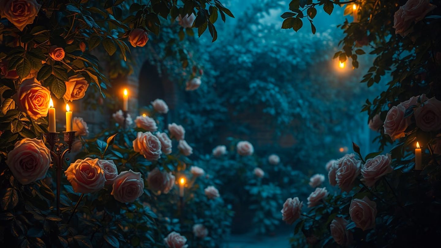 A lush, overgrown secret garden at midnight, roses blooming in sapphire and gold tones, surreal botanical beauty.
