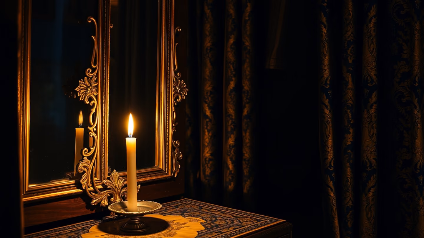 A single silver candle burning beside an ornate, antique mirror, casting long, dramatic shadows against patterned velvet drapes.