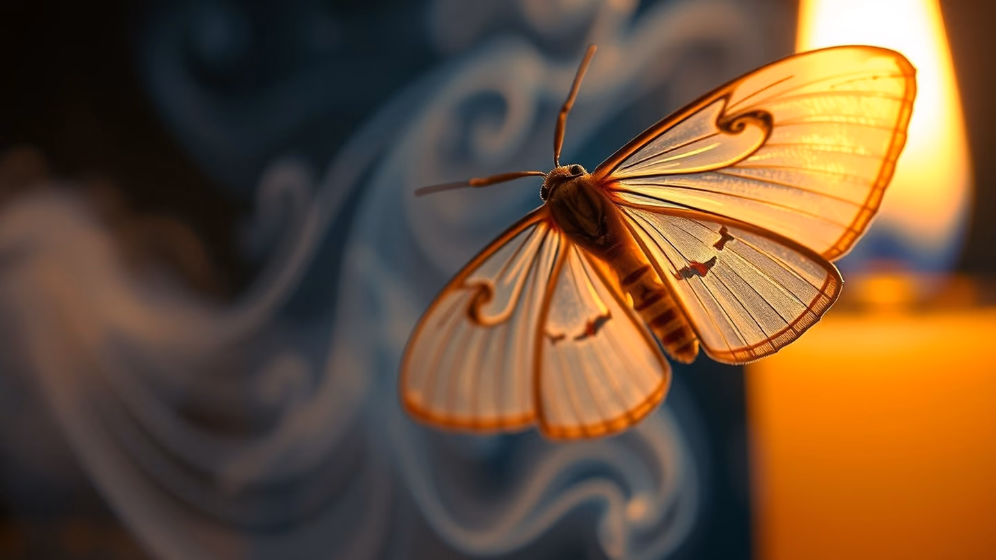A delicate moth with translucent wings hovering near a bright, swirling flame, macro photography style.