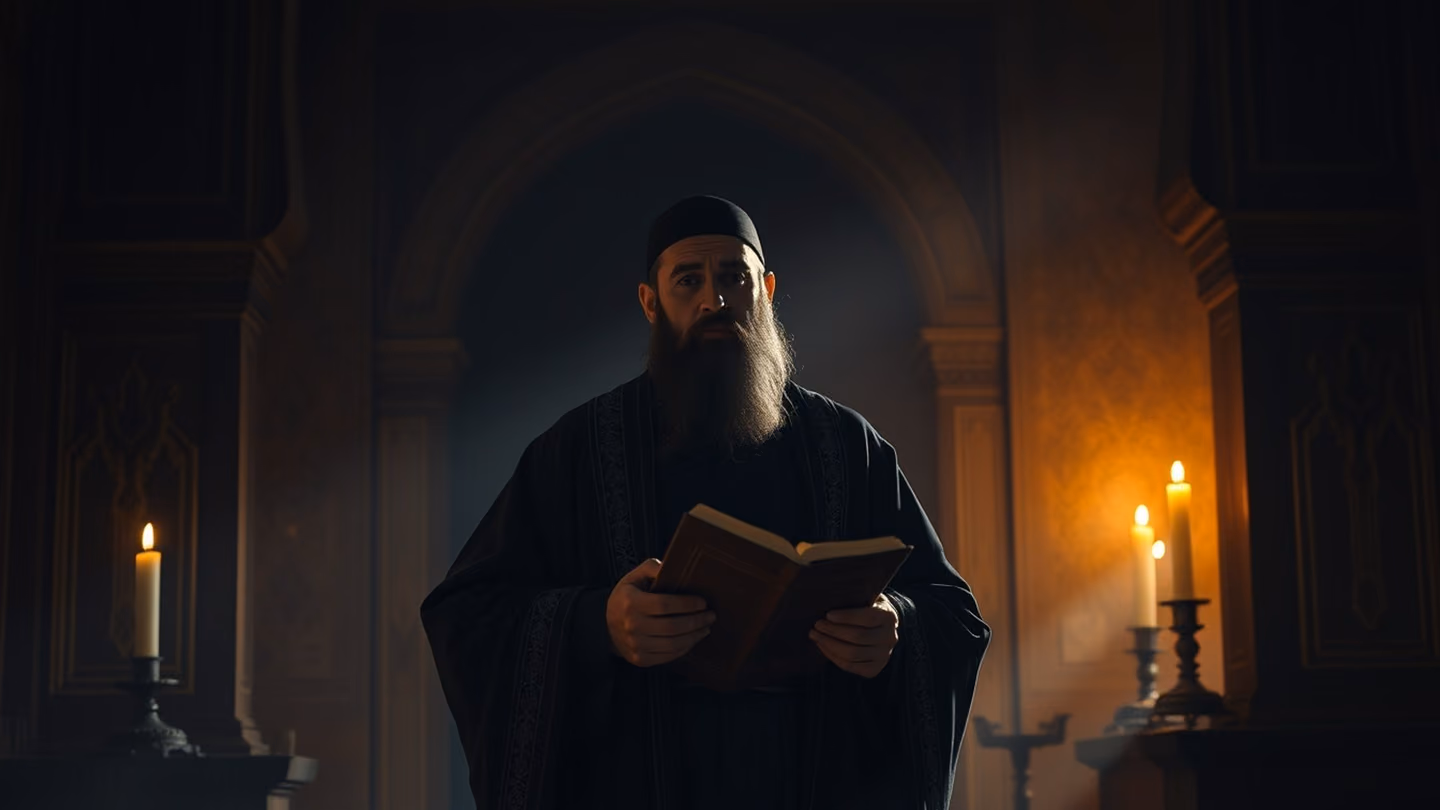 A stern, robed preacher in a shadowy alcove, holding a wooden scroll, traditional Persian architecture, moody chiaroscuro lighting.