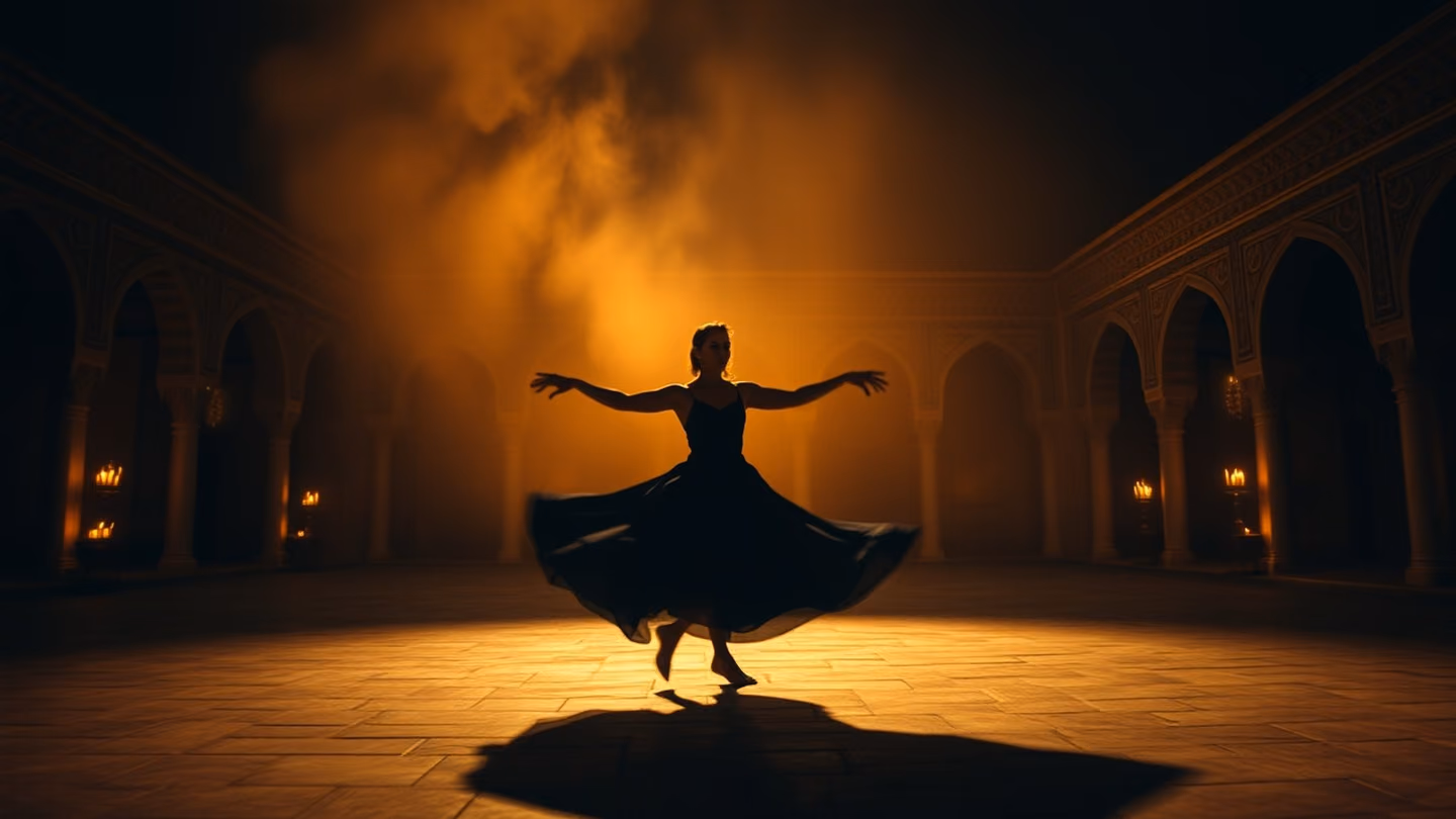 A dervish-like figure spinning in a vast, empty courtyard, blurred motion, glowing embers floating in the air.