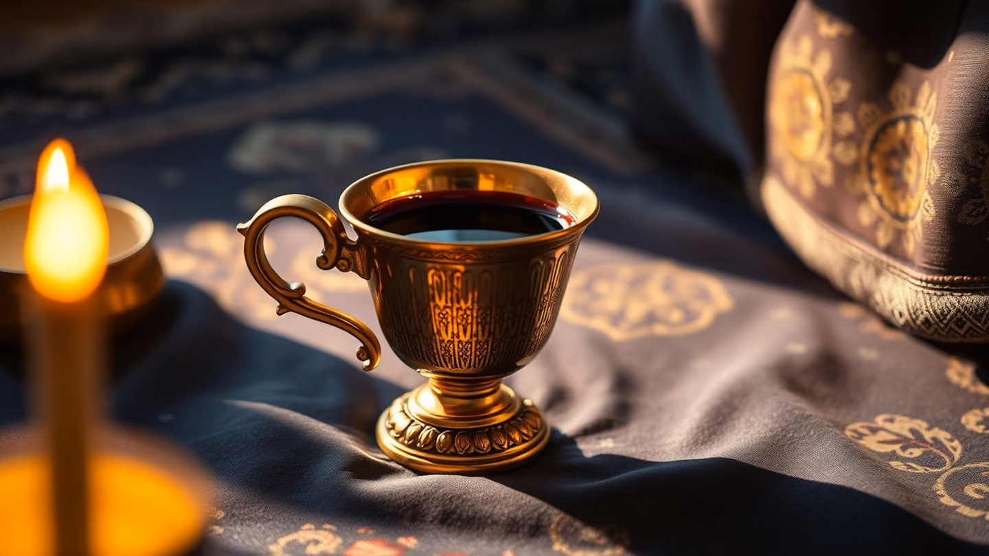 An antique golden cup resting on a silk rug, overflowing with dark, iridescent wine, captured in the soft morning light.
