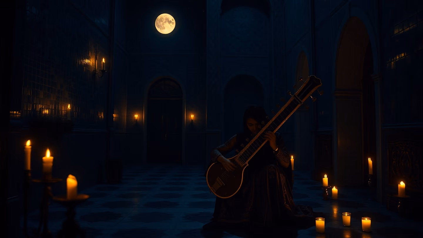 An ethereal musician playing a golden setar in a dimly lit courtyard, shadows dancing on sapphire-tiled walls, candle flames flickering in the twilight.