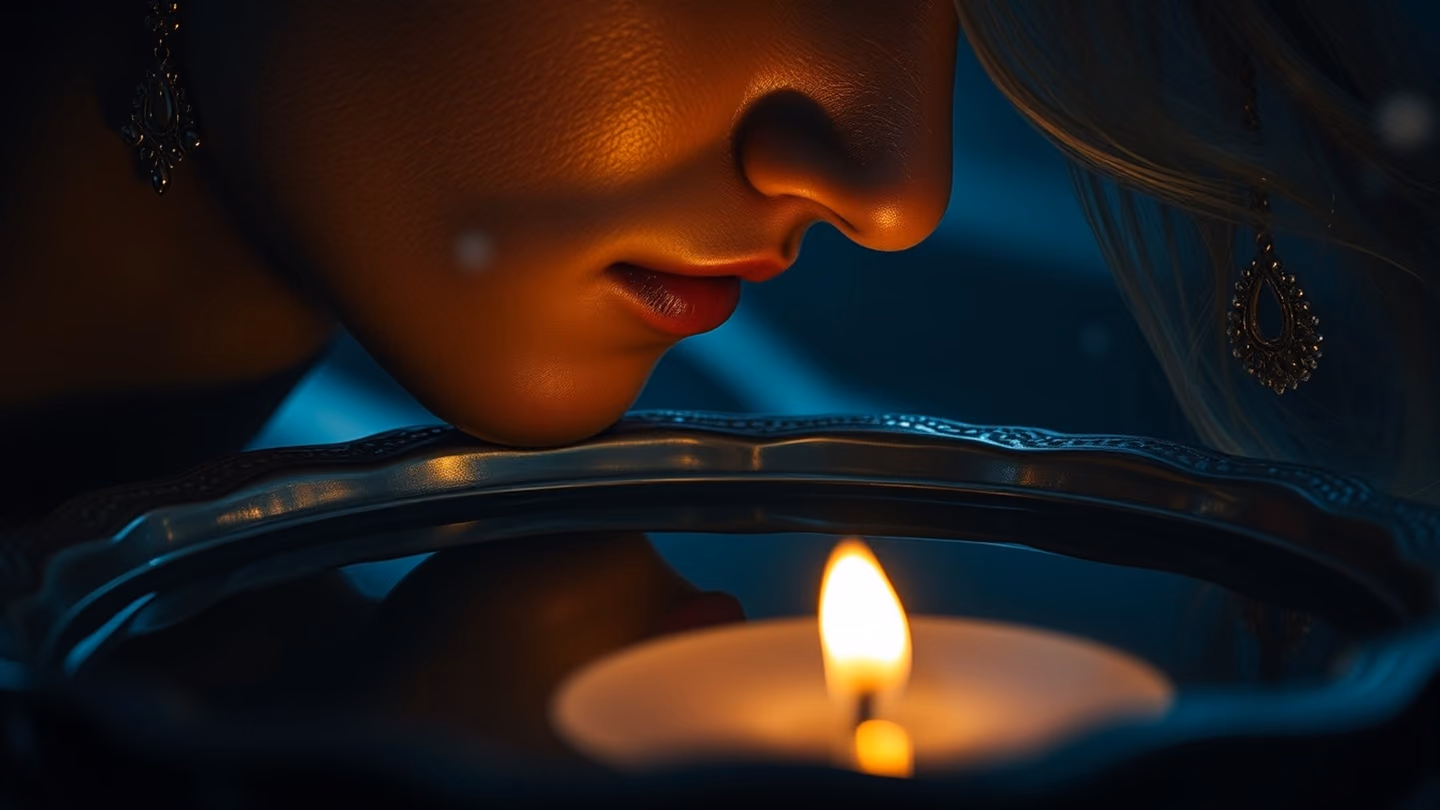 A close-up of a lover's face reflected in a polished silver bowl of water, soft candlelight illuminating delicate features, ornate gold jewelry.