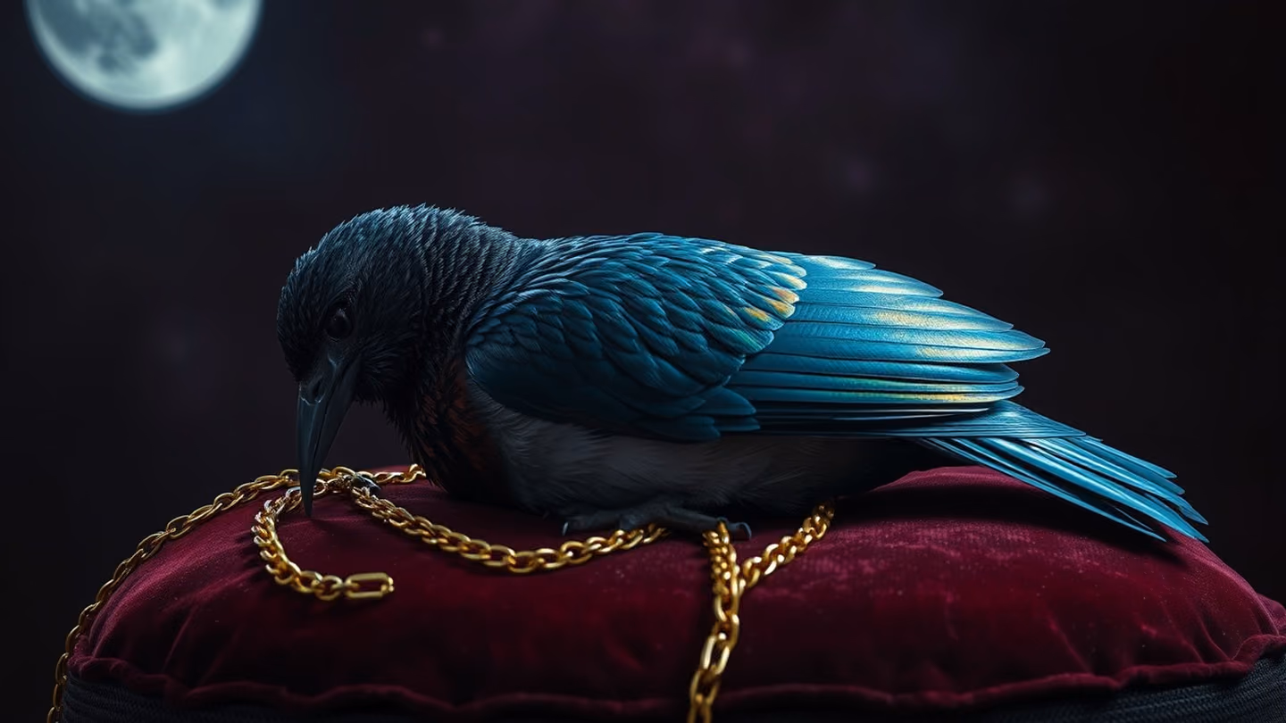 A broken bird with iridescent feathers resting on a velvet cushion, golden chains loosely binding its wings, deep maroon background.