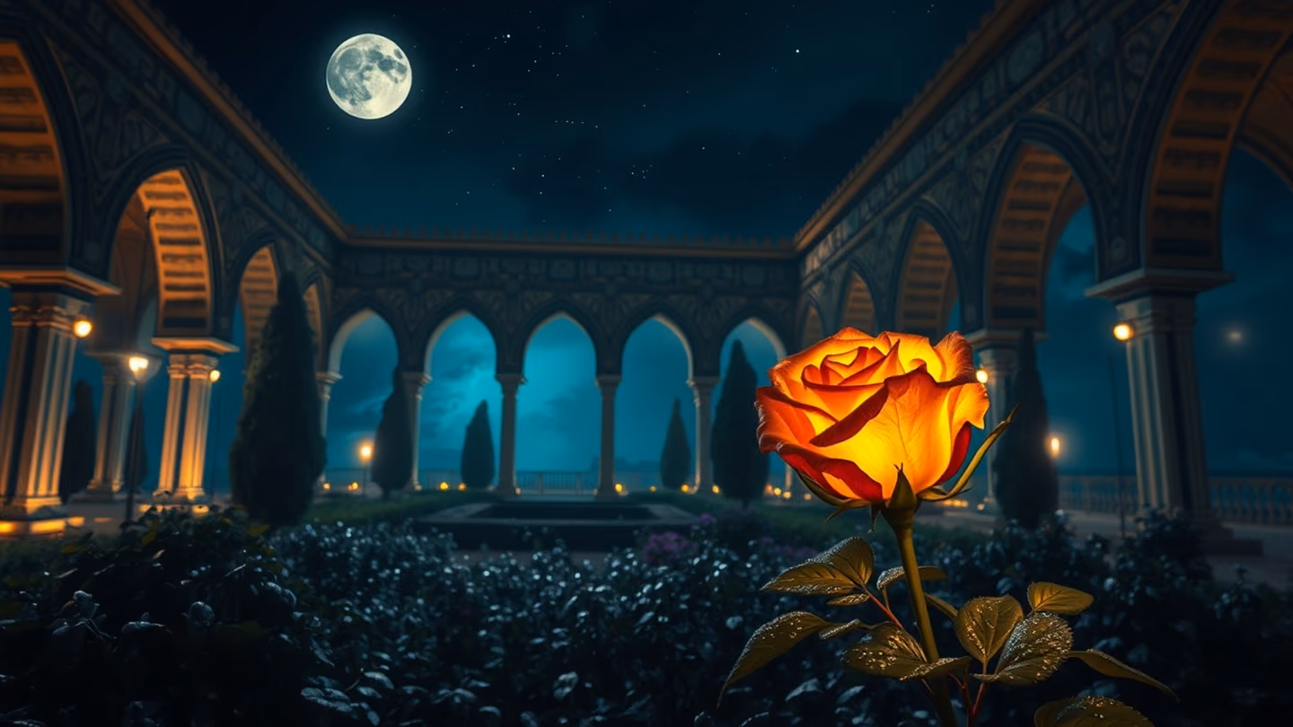 A majestic garden at night, a single rose glowing under moonlight, petals covered in dew, architectural arches covered in intricate Persian tilework.