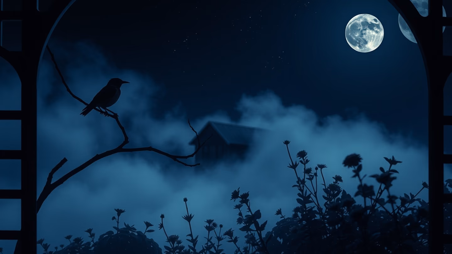 A nightingale perched on a curved branch, silhouette framed by a lattice window, ethereal mist rolling over a garden of night-blooming flowers.