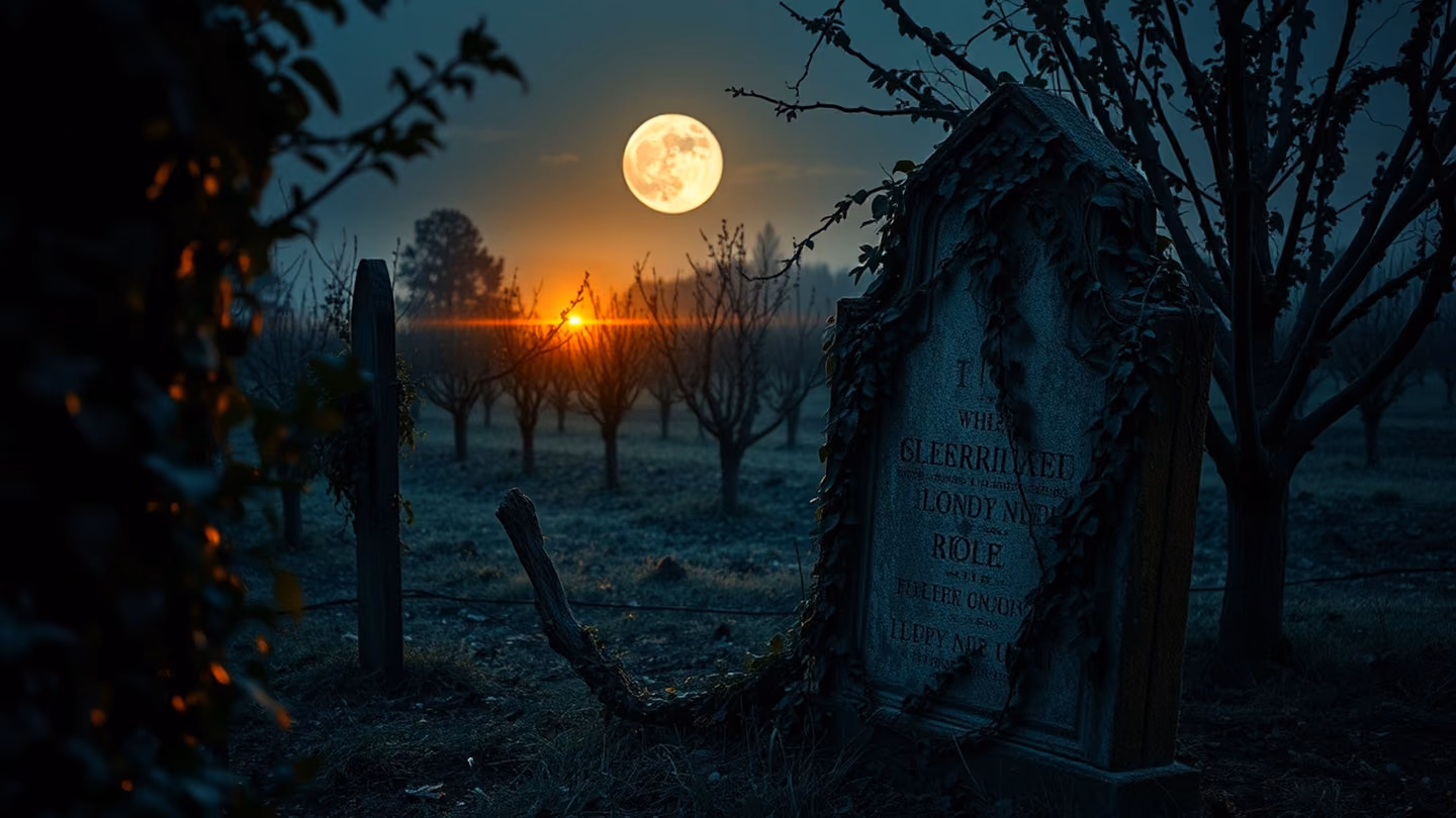 A weathered tombstone covered in ivy in a hidden orchard, golden light spilling from the horizon, melancholic and sacred atmosphere.
