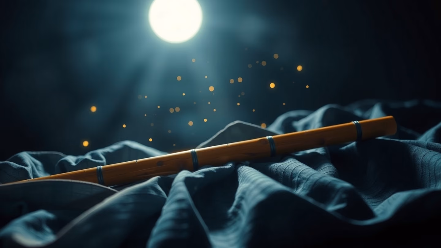 A bamboo flute resting on a pile of hand-dyed silk fabrics, soft golden dust motes dancing in a singular shaft of light.
