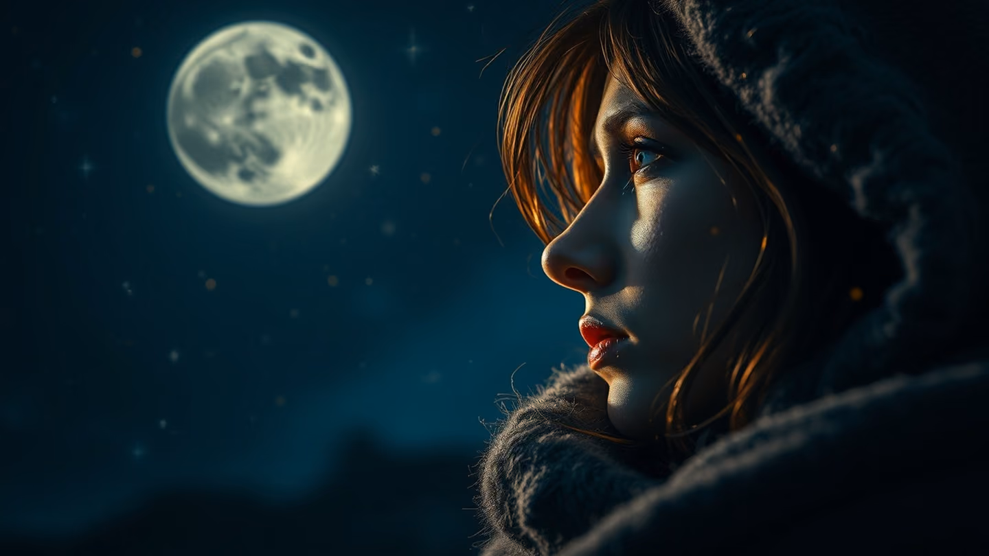 A person weeping tears of gold while gazing at a constellation of stars, dramatic side lighting, rich textures of a wool cloak.