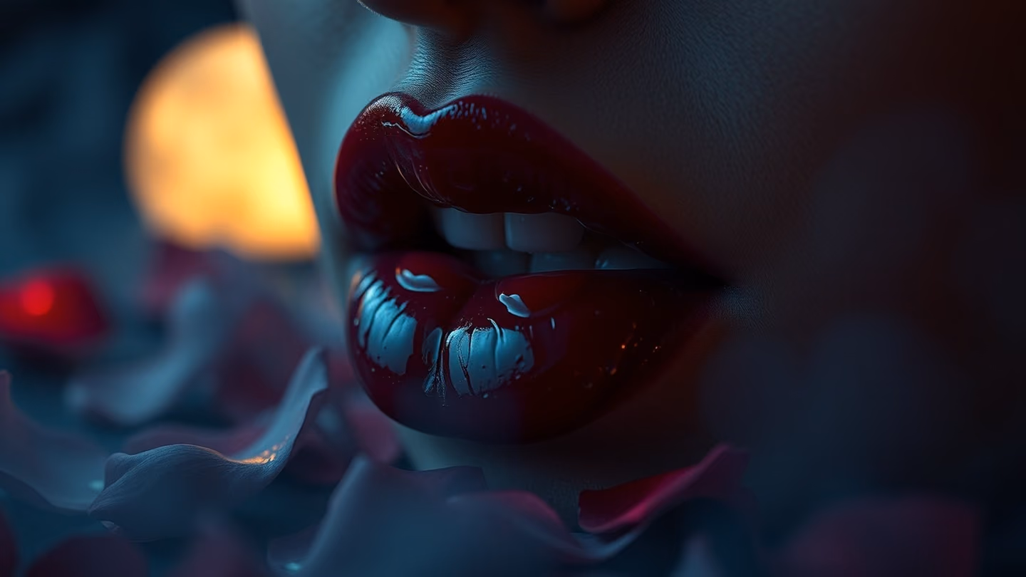 A pair of lips stained with pomegranate juice, soft focus, surrounded by scattered rose petals, opulent and romantic, royal color palette.