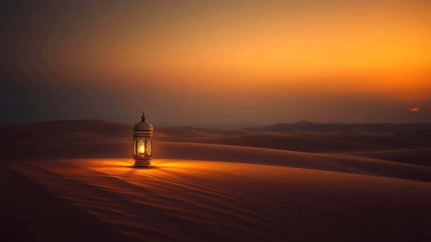 A lone, ornate brass lantern glowing in the center of a dark, vast desert at twilight, casting long golden shadows on the rippling sand dunes.