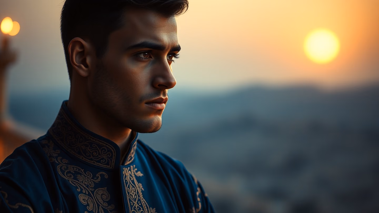 A close-up of a sorrowful, handsome young man looking toward the horizon, wearing a deep indigo silk robe with gold embroidery, soft moonlight reflecting on his eyes.
