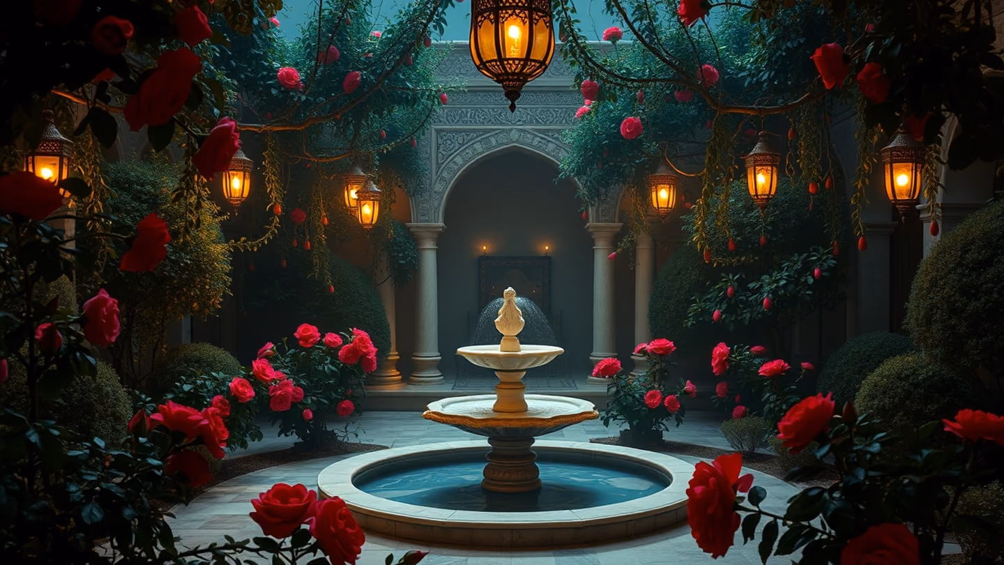 A lush, enclosed Persian garden at night, featuring a marble fountain surrounded by blooming red roses and pomegranate trees, illuminated by suspended oil lamps.
