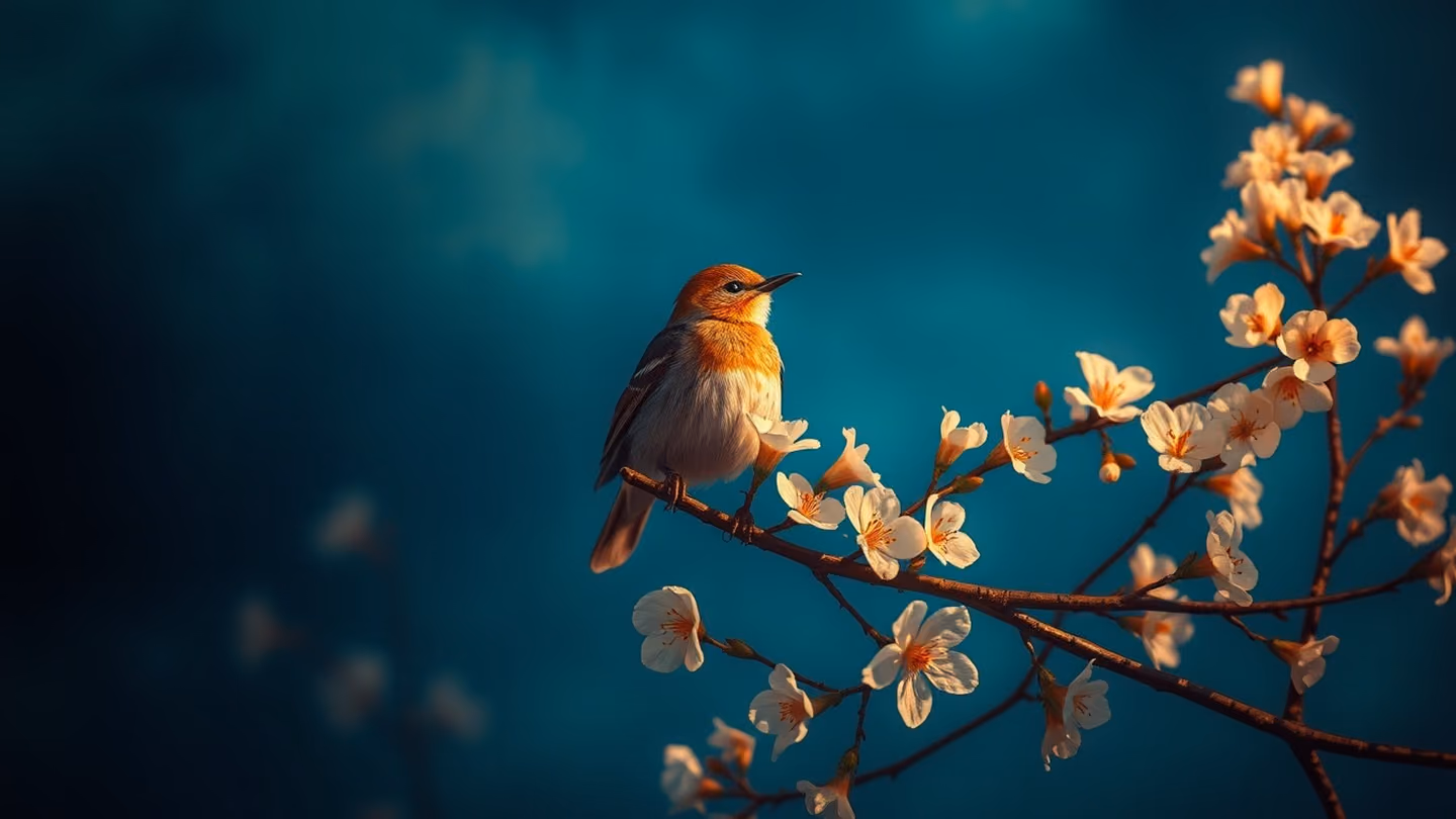 A nightingale perched on a flowering branch against a backdrop of a deep velvet-blue sky, captured in a style reminiscent of delicate Persian brushwork.