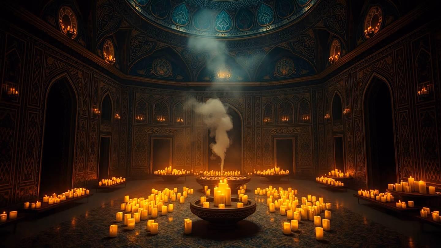A mystical, dimly lit interior chamber with intricate geometric tile patterns, filled with soft smoke and the warm glow of hundreds of beeswax candles.