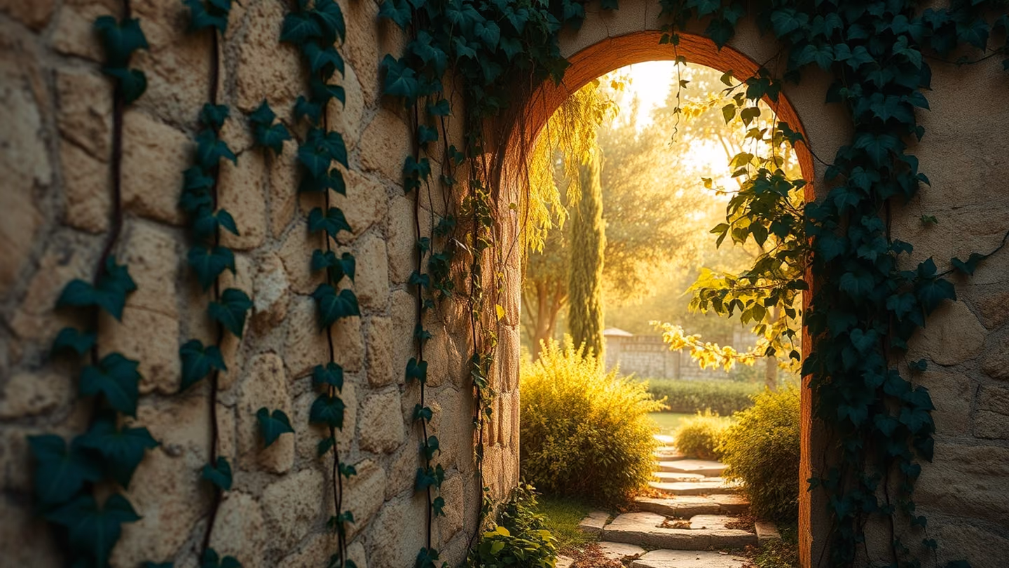 A weathered stone wall covered in climbing ivy, with a glimpse of a hidden, radiant garden beyond, symbolizing a secret path to the beloved.