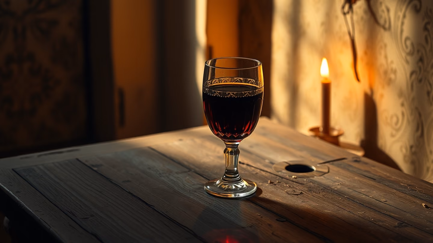 An ancient, dusty wooden table holding a single crystal glass of deep red wine reflecting the light of a dying ember, shadows dancing on the nearby walls.