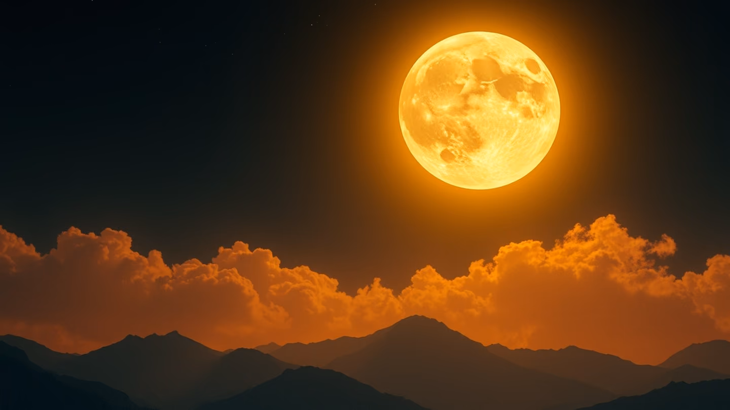 A celestial scene showing a glowing, oversized full moon hanging low over a silhouette of a mountain range, soft clouds drifting like golden silk.