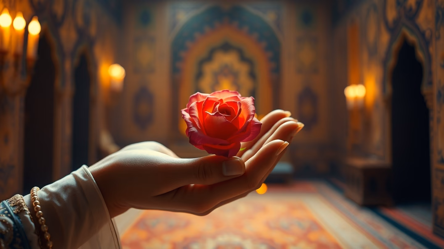 A soft, ethereal close-up of a pair of hands gently holding a small, vibrant rose, with a blurred background of a golden-hued, peaceful sanctuary.
