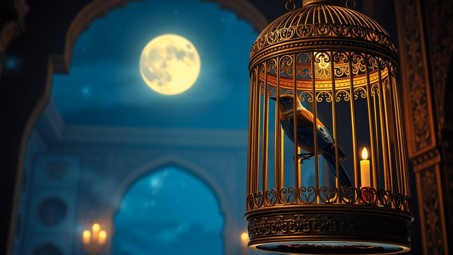 A golden ornate birdcage suspended in a moonlight-drenched courtyard, a nightingale with iridescent feathers looking toward the moon.