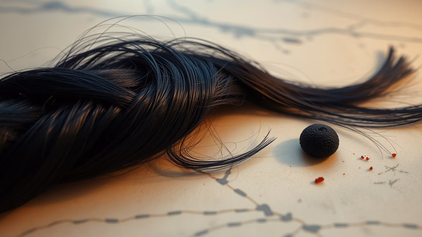 A close-up of a dark, luxurious silk lock of hair resting upon a white marble surface, next to a single perfectly round black mole, symbolizing a grain of trap bait.