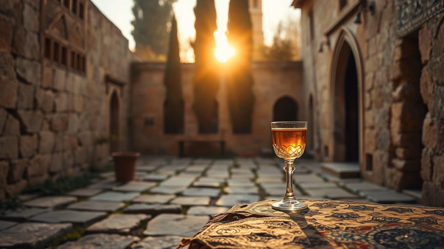 An ancient, weathered stone courtyard at dawn, sunlight filtering through cypress trees, a single crystal goblet containing golden wine catching the morning light.
