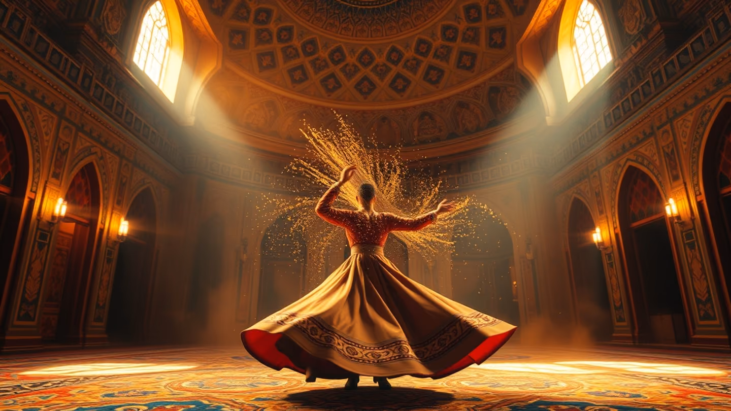 A dervish spinning in a state of ecstatic trance within a high-domed hall, dust motes dancing in shafts of golden light, motion blur on robes.