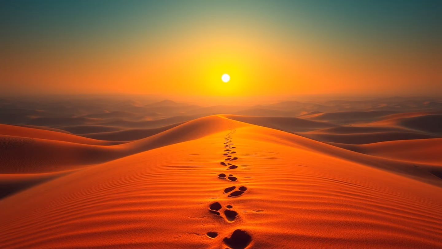 A vision of a distant, shimmering path leading through a vast, undulating desert, with footprints marking the way toward an unseen horizon.
