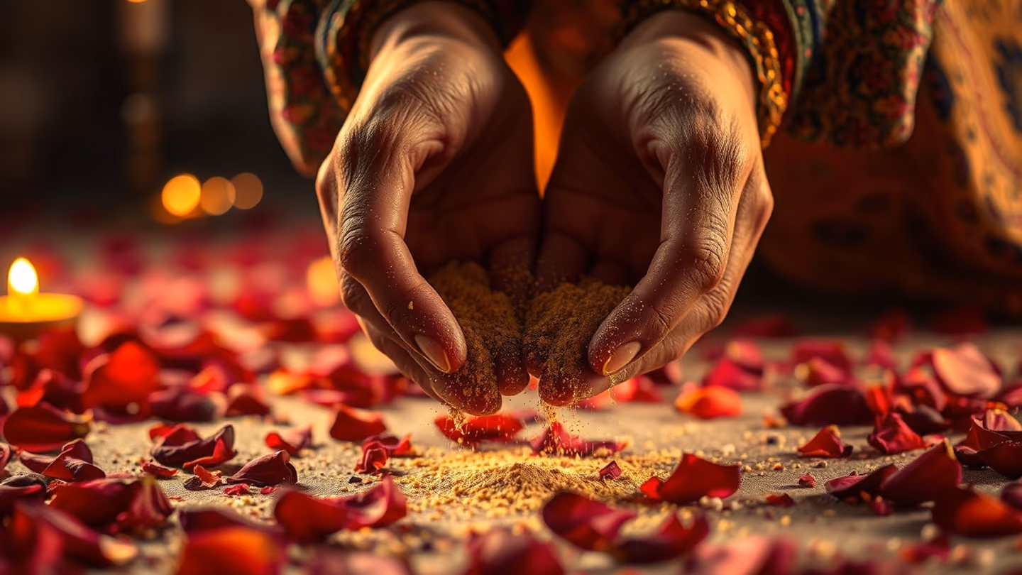A close-up of hands gently picking up fine, sacred dust from a path scattered with rose petals, held like precious kohl.