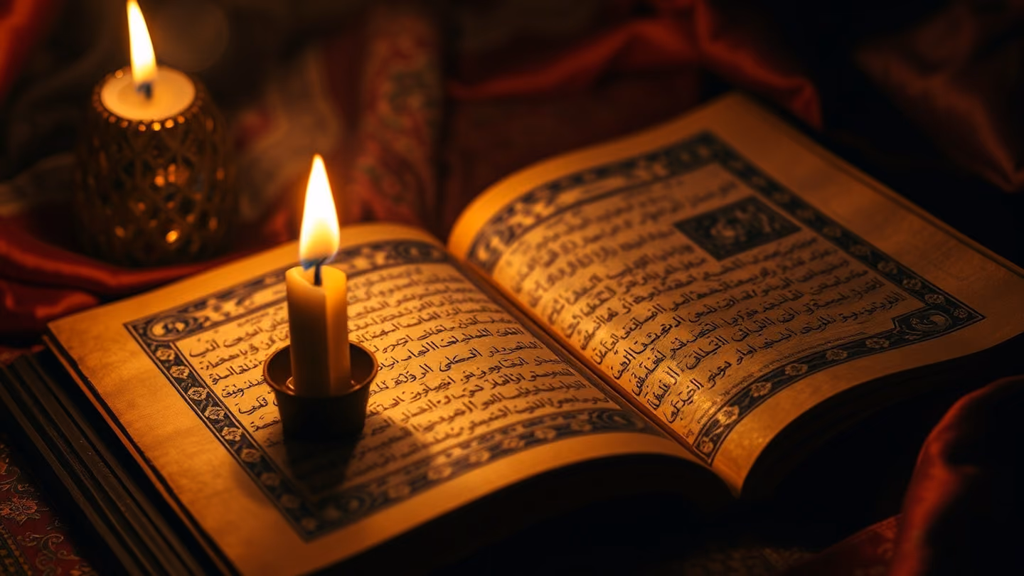 An intricate manuscript page being illuminated by a flickering candle flame, the ink shimmering with gold dust on aged paper.