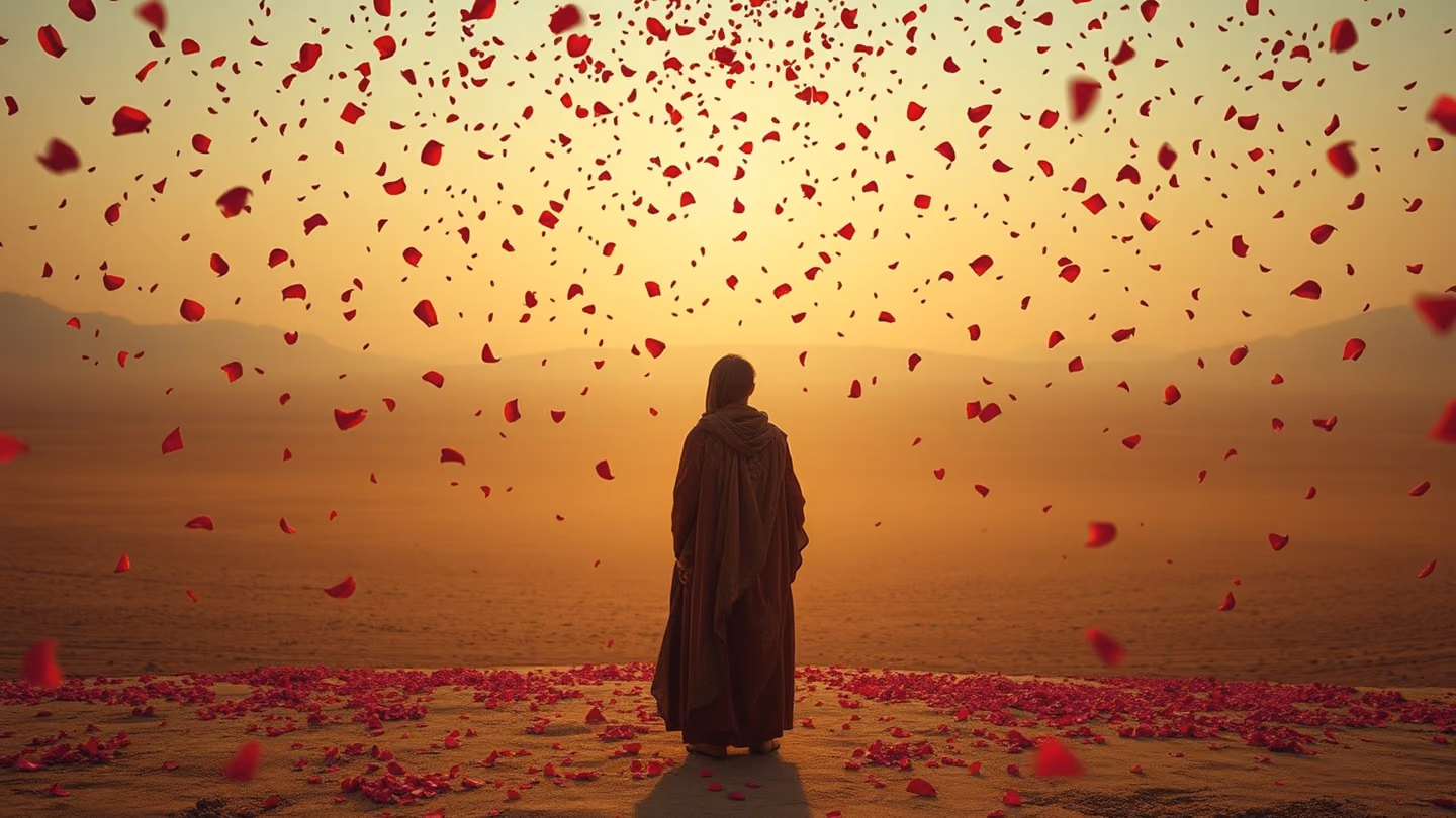 A solitary figure standing in a vast, dry landscape under a rain of falling rose petals, looking upward with soulful intensity.