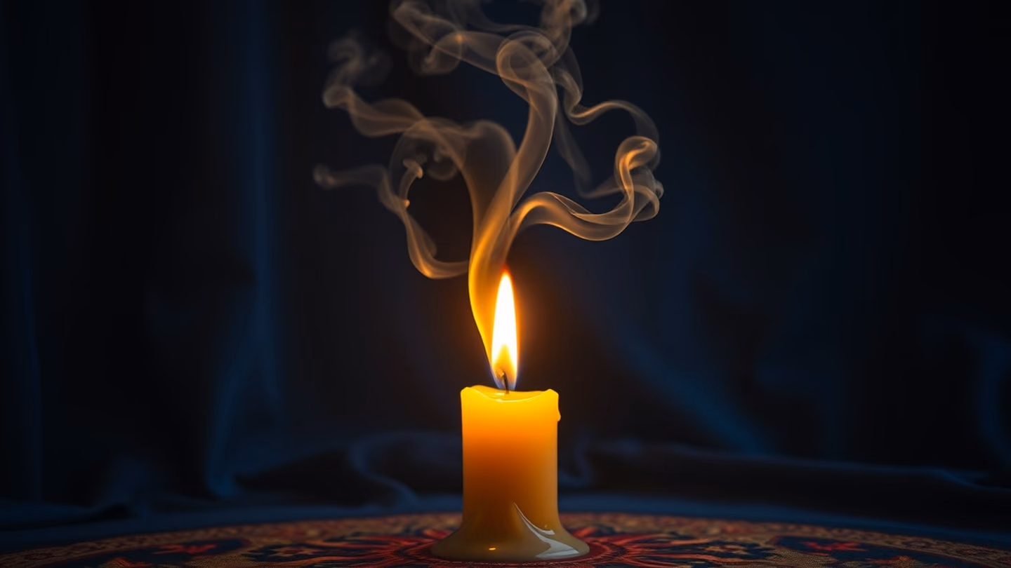 A candle melting down to the base in a dark room, the smoke curling into ethereal shapes against a backdrop of deep blue velvet, representing the eternal flame of longing.