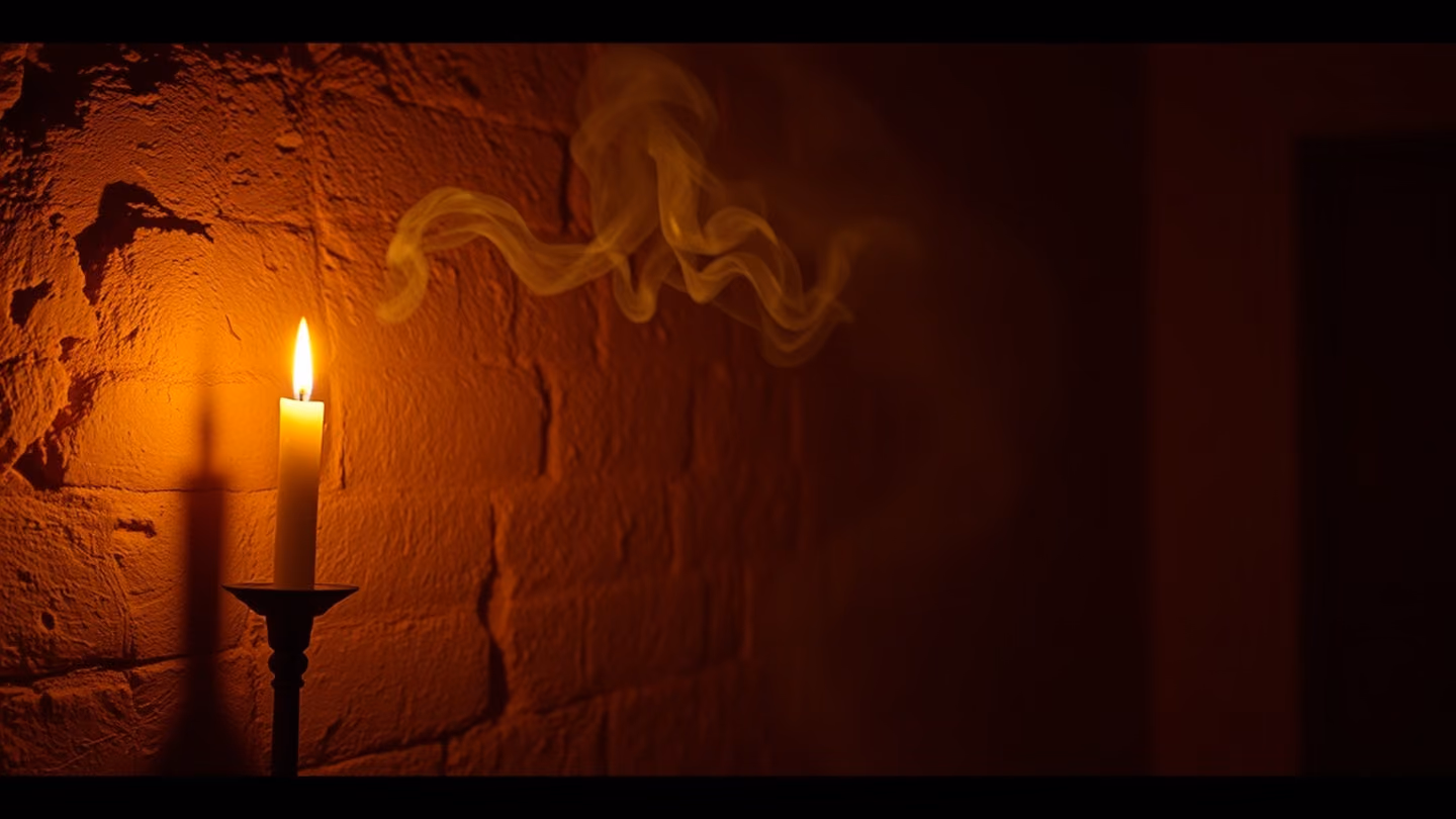 A single flickering candle casting long, dancing shadows against an ancient mud-brick wall, embers floating in the air, warm golden light, cinematic close-up.