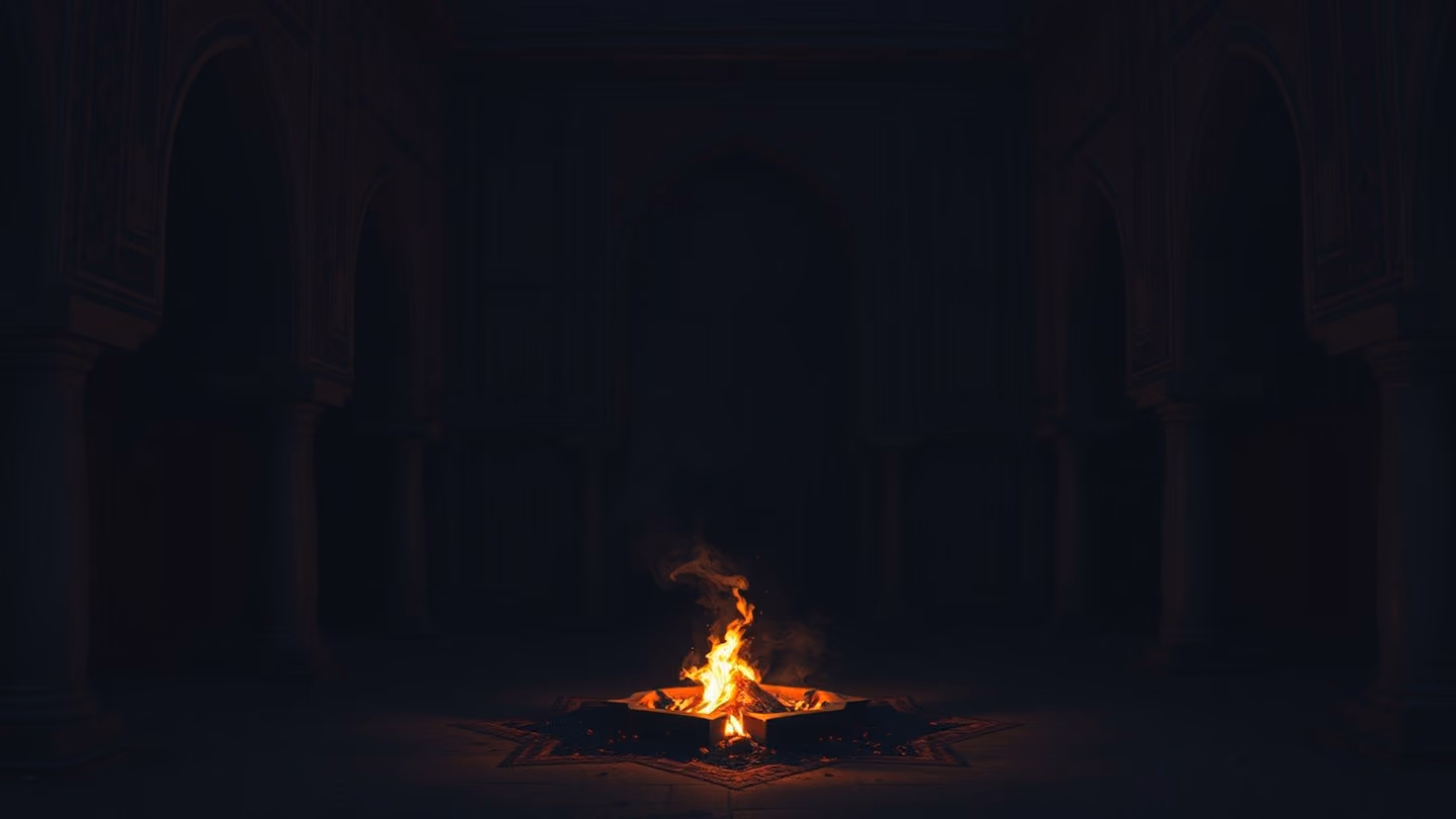 An abandoned Persian courtyard at twilight, embers swirling in the center of an empty hall, architectural arches framing the night sky, deep indigo tones.