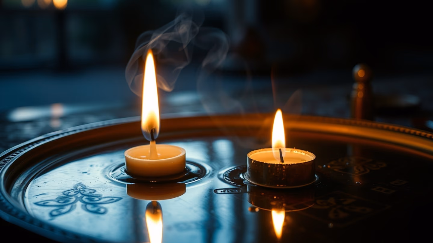 A close-up of a single candle flame melting the wax, reflections of a distant garden on a polished brass tray, rich saturated colors.