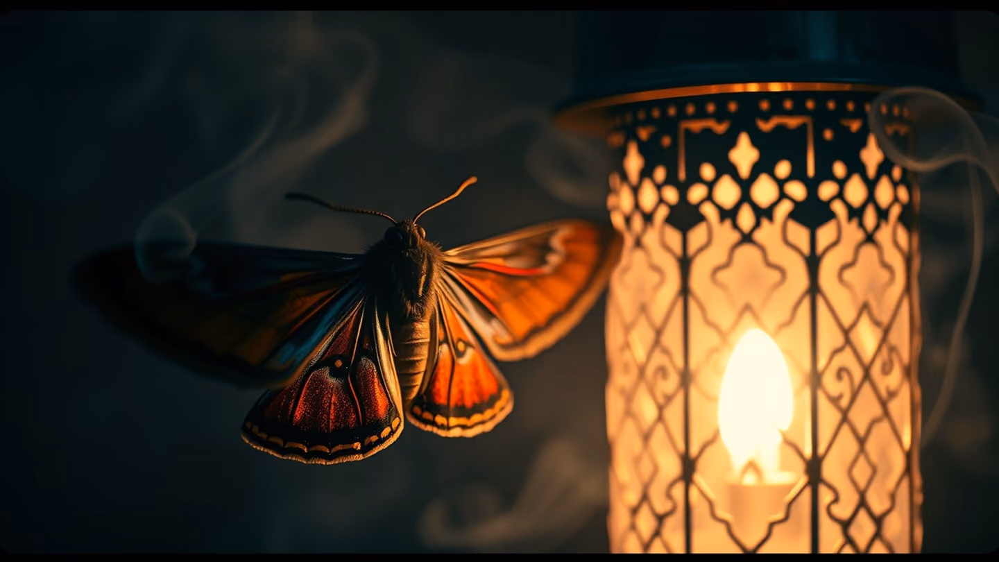 A moth with iridescent wings fluttering near a glowing lantern, soft focus, ethereal atmosphere, macro photography style.