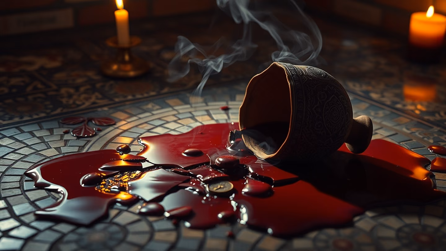 An ornate clay wine vessel shattered on a mosaic floor, deep red wine pooling like ink, golden light catching the fractured ceramic edges.