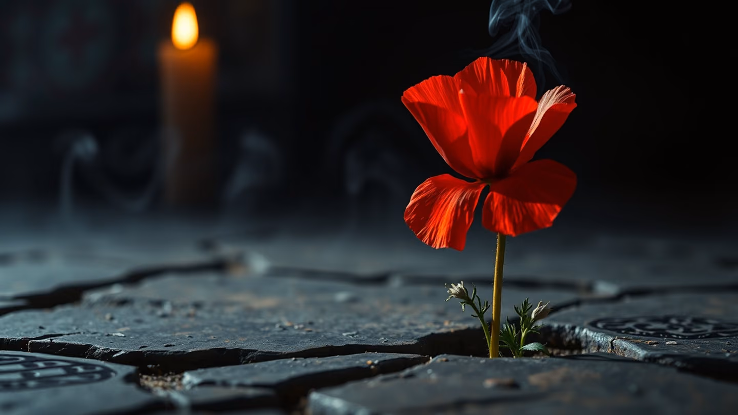 A wild red poppy flower growing through a crack in a stone floor, dark moody background, high contrast, symbol of a burning heart.
