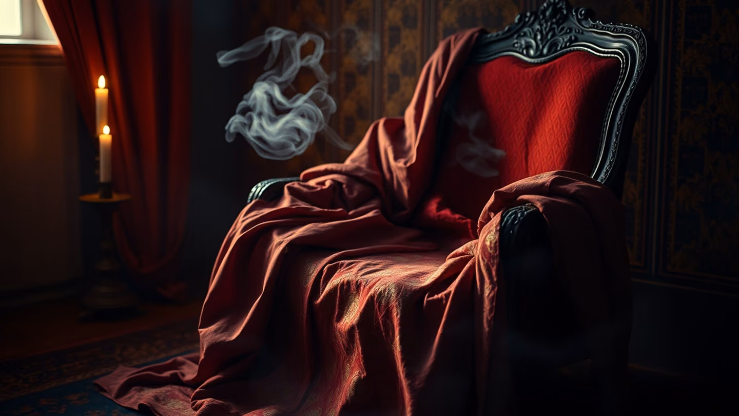 A discarded silk dervish robe draped over an antique chair, soft evening light hitting the fabric textures, evocative of a life left behind.