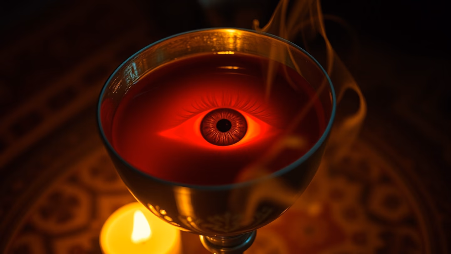The reflection of a weeping eye in a silver cup of wine, distorted ripples, dim candlelight, mysterious and melancholic.
