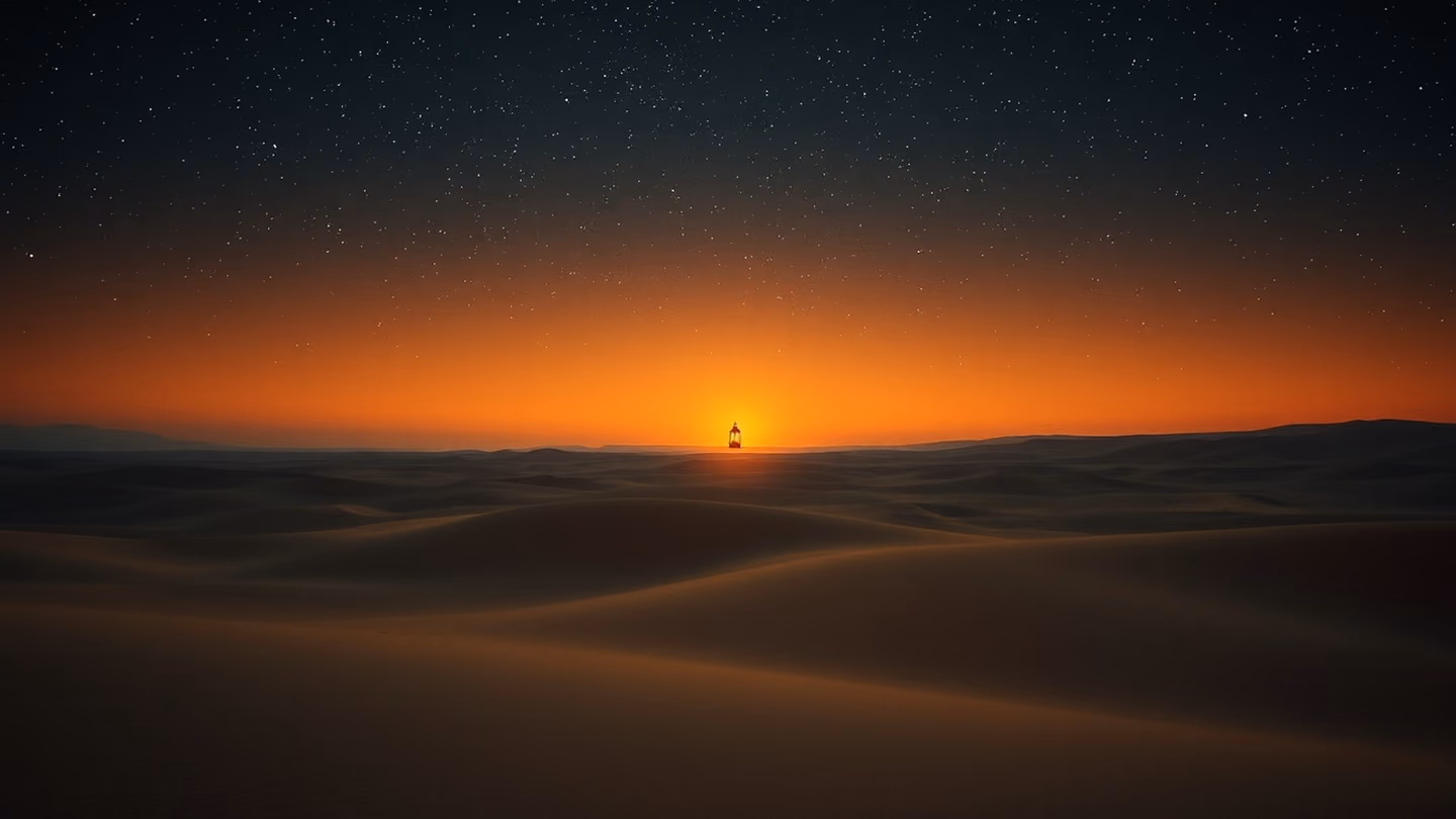 A vast desert landscape under a starry night sky, a solitary lantern burning in the distance, cosmic scale, quiet finality.