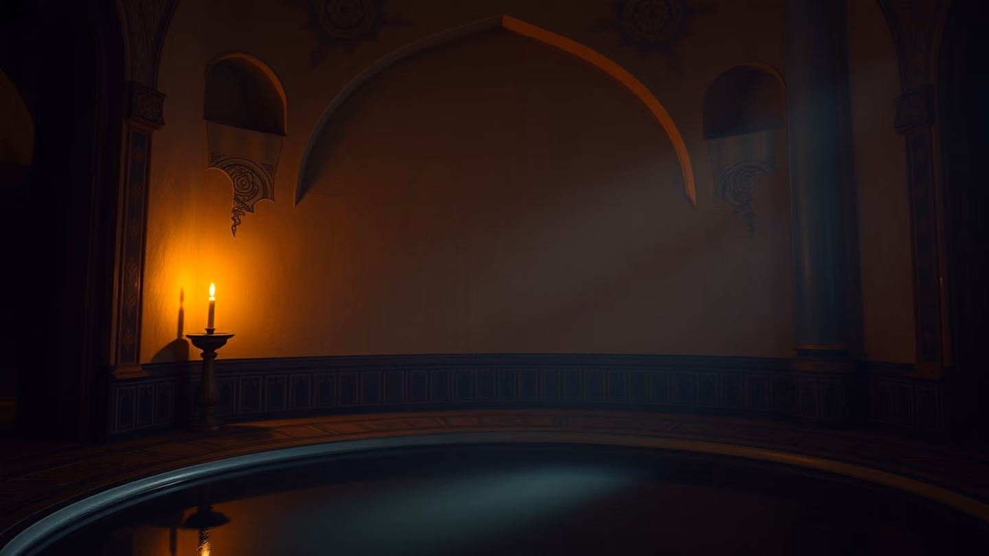 A single flickering candle casting long, dancing shadows on a curved plaster wall in a vaulted Persian chamber, golden flame reflection in a dark pool of water below.