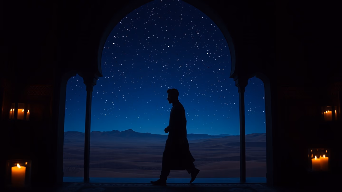 A silhouette of a man pacing near a high arched window, looking out into a vast, dark, star-filled desert landscape, indigo night sky.