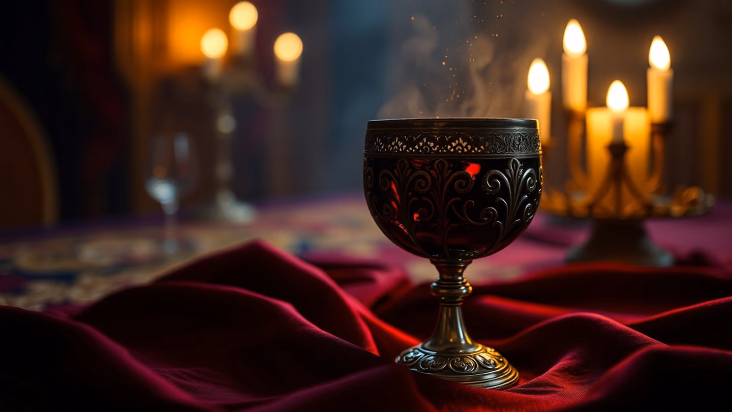 Close-up of an intricate, ornate silver wine goblet resting on a silk-draped table, soft candlelight illuminating the edges of a deep red liquid, dust motes dancing in the light.