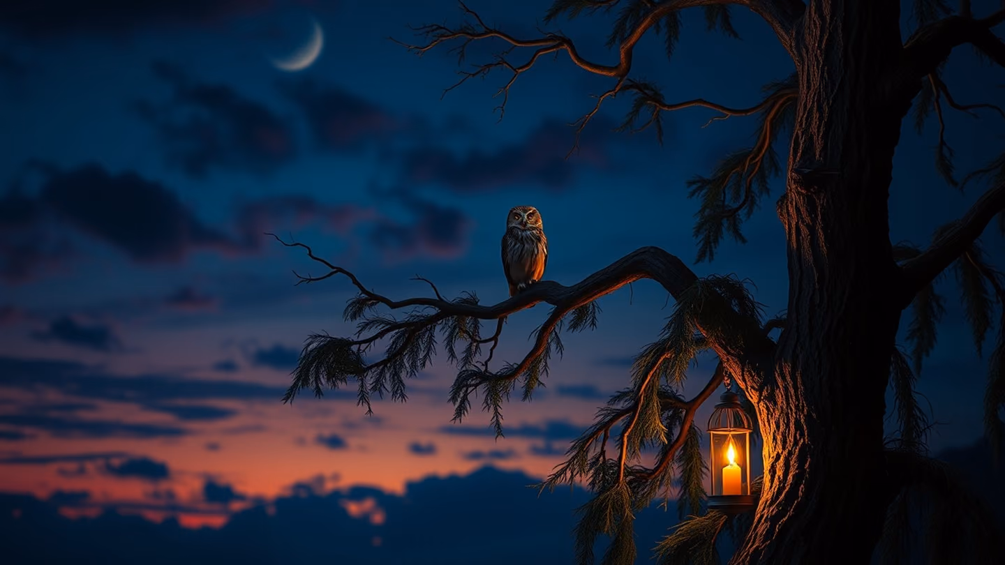 A lonely owl perched on a twisted cypress tree branch against a deep twilight sky, stylized miniature painting influence, melancholic atmosphere.