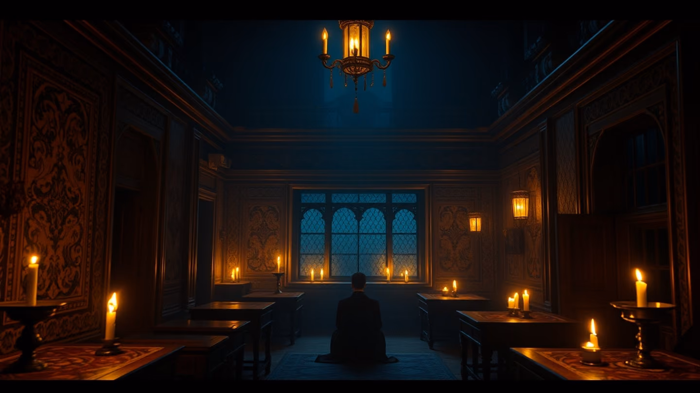 An interior view of a traditional tavern with dim oil lamps, shadows hiding the corners, a single figure sitting in contemplation with an empty bowl.